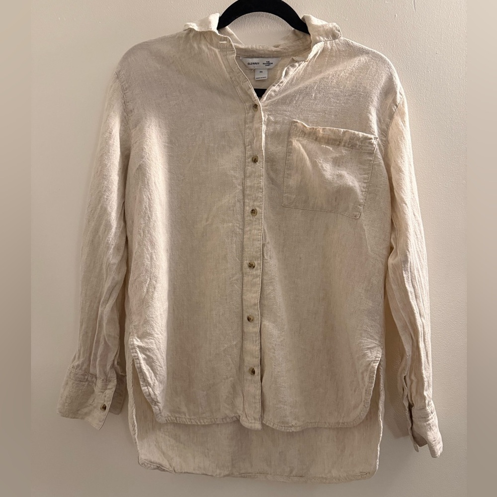 Old Navy Women's Linen Long Sleeve Top Boyfriend Shirt Oatmeal Button Down XS